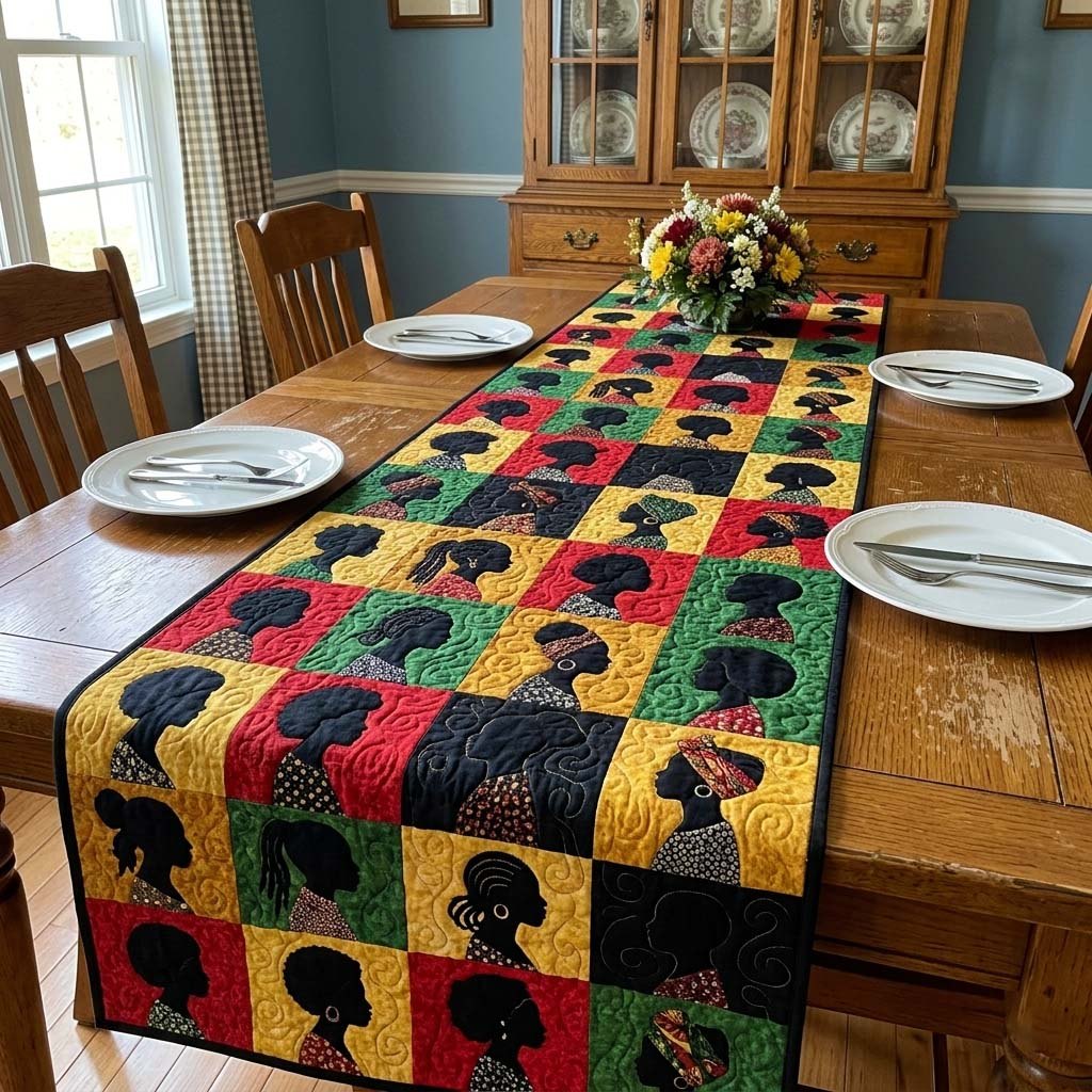 Woman Silhouettes on Kente Blocks Table Runner