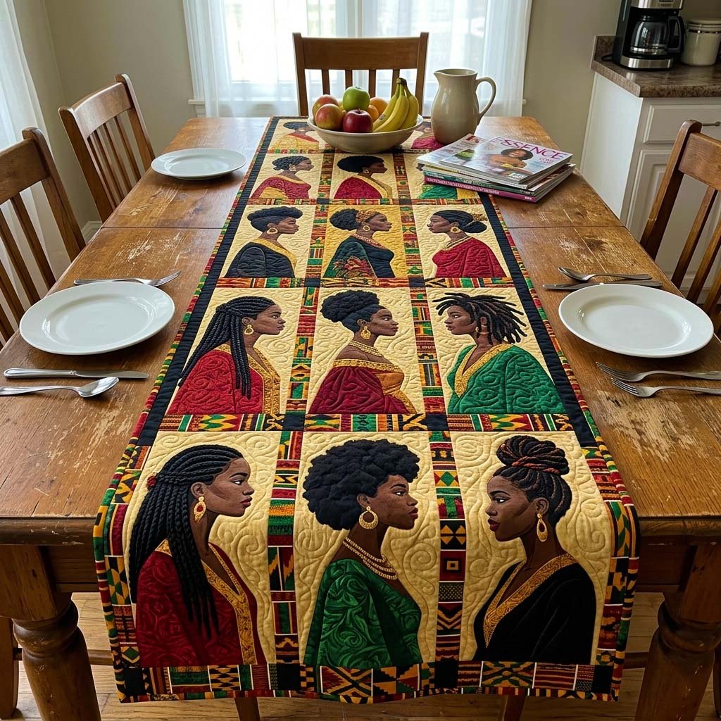 Women Profiles in Kente Squares Table Runner