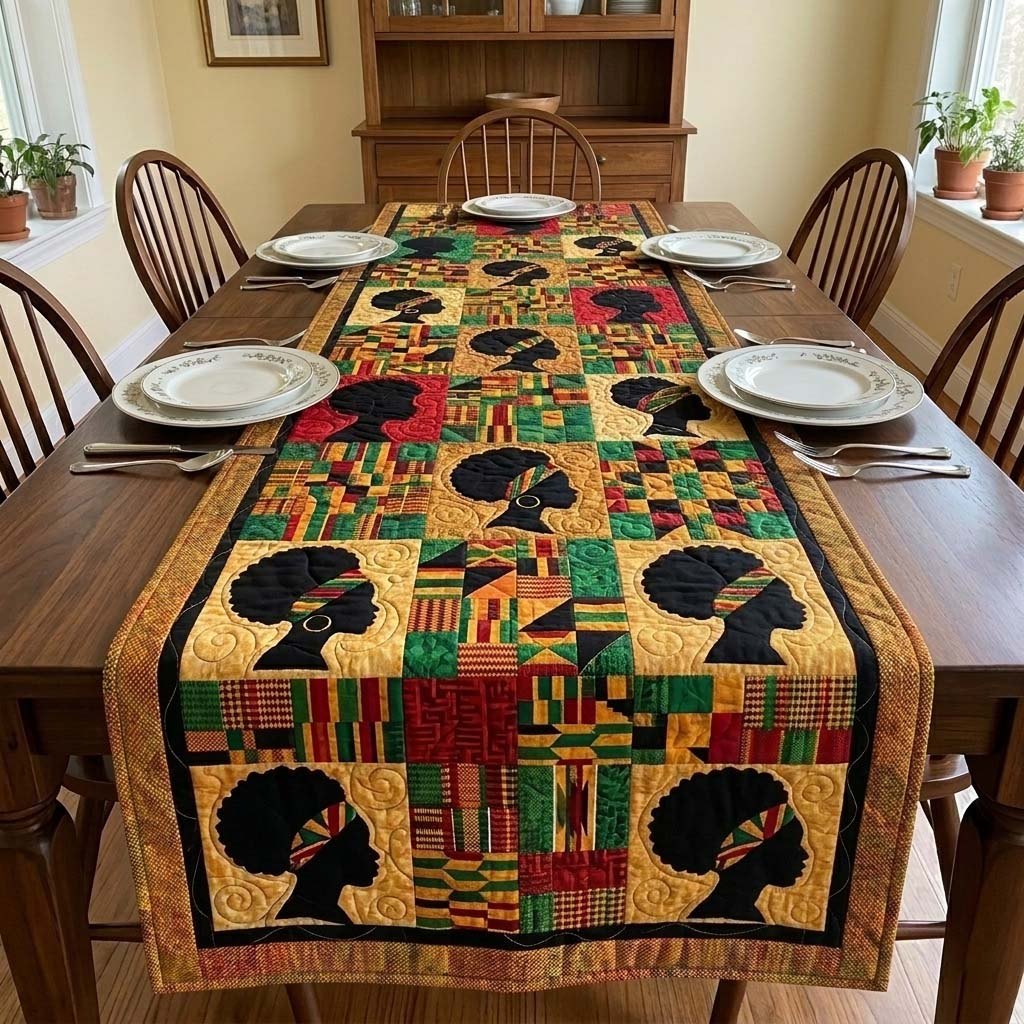 Woman Profiles on Kente Patchwork Table Runner
