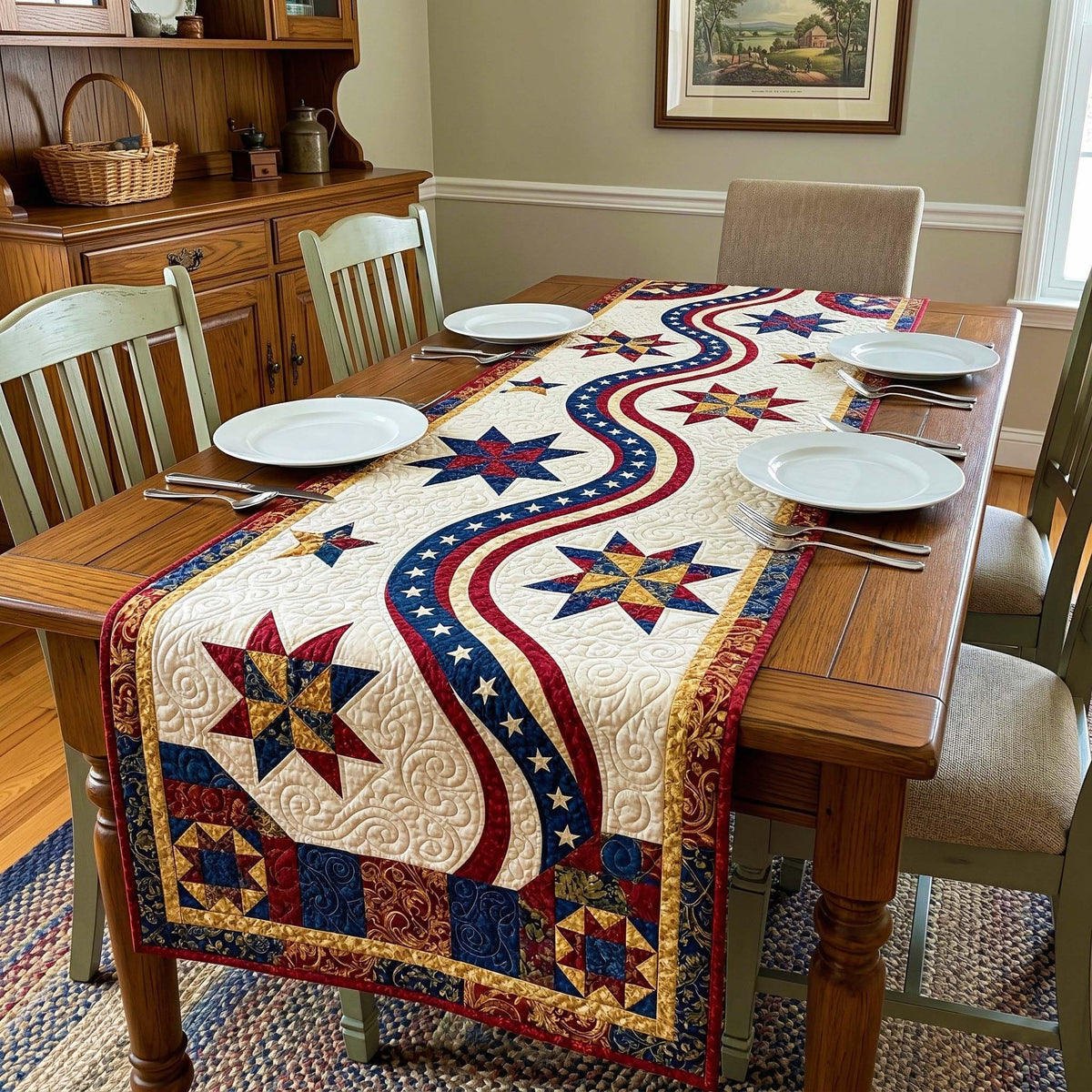 Star Medallions with Flowing Ribbon Table Runner