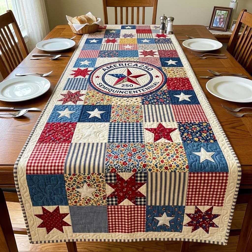 Patriotic Patchwork Stars in Red and Blue Table Runner