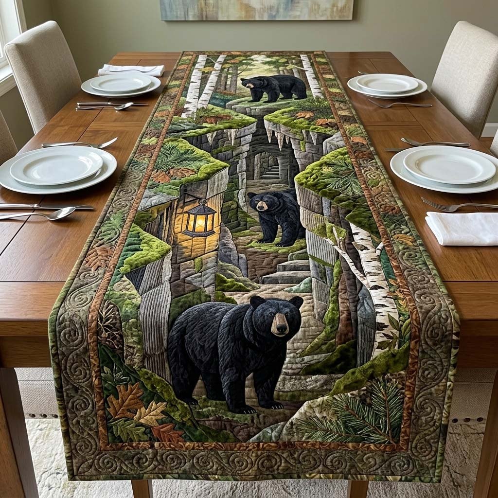 Black Bear by a Lantern Table Runner