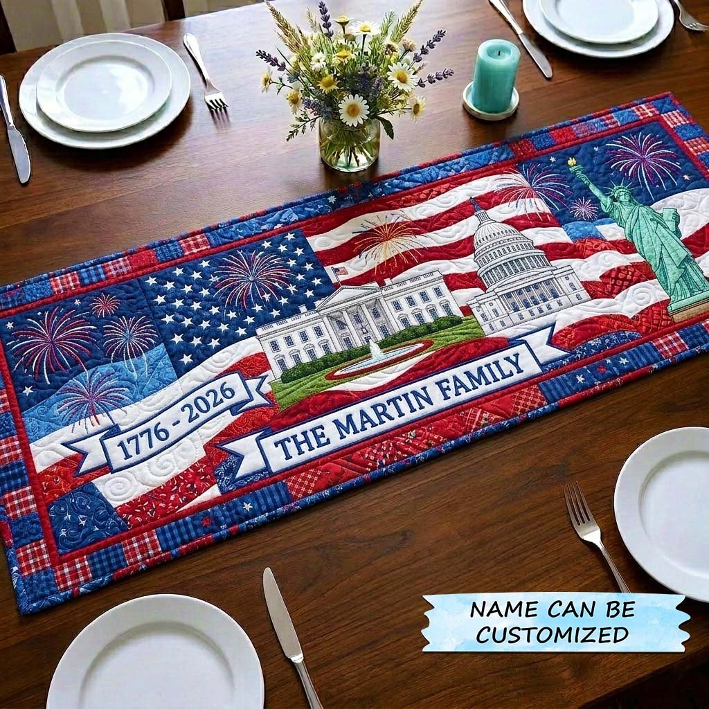 White House with Flag and Fireworks Table Runner