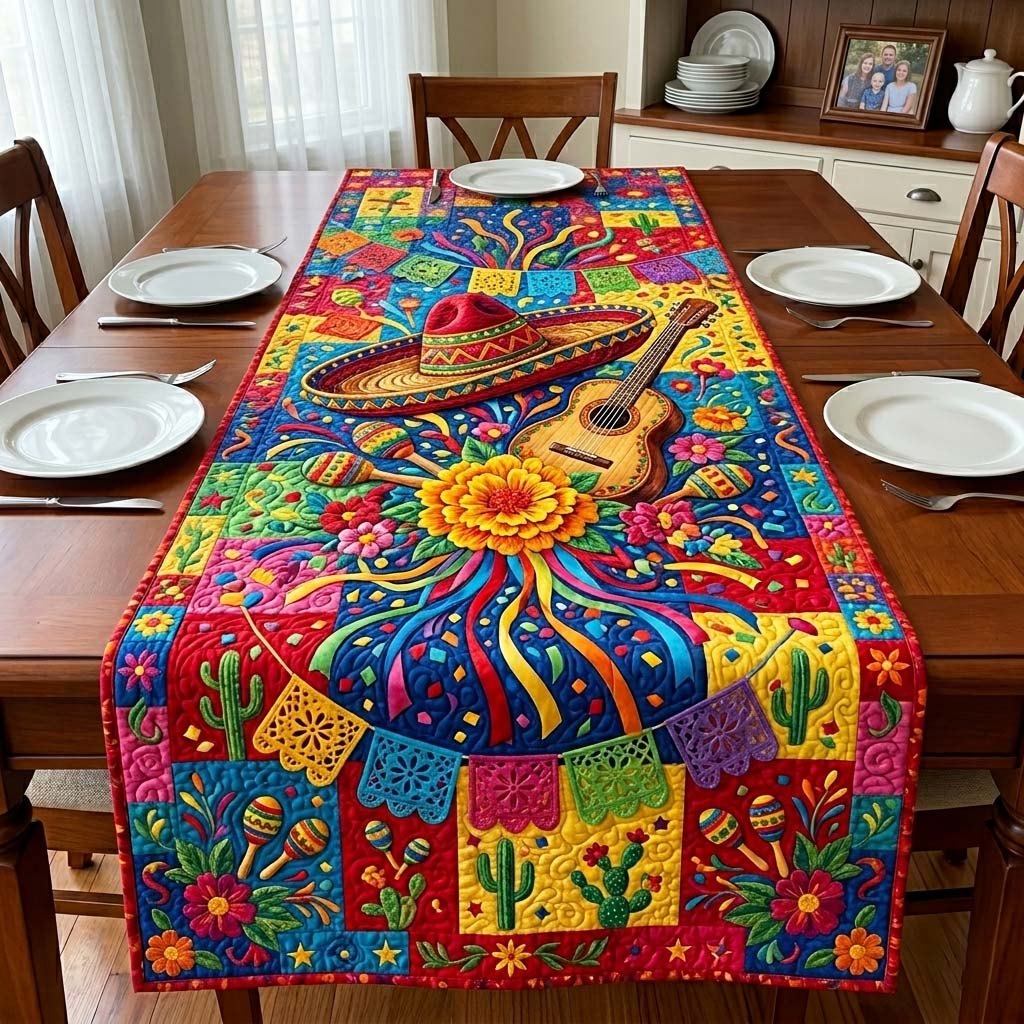 Sombrero and Guitar Fiesta Panel Table Runner