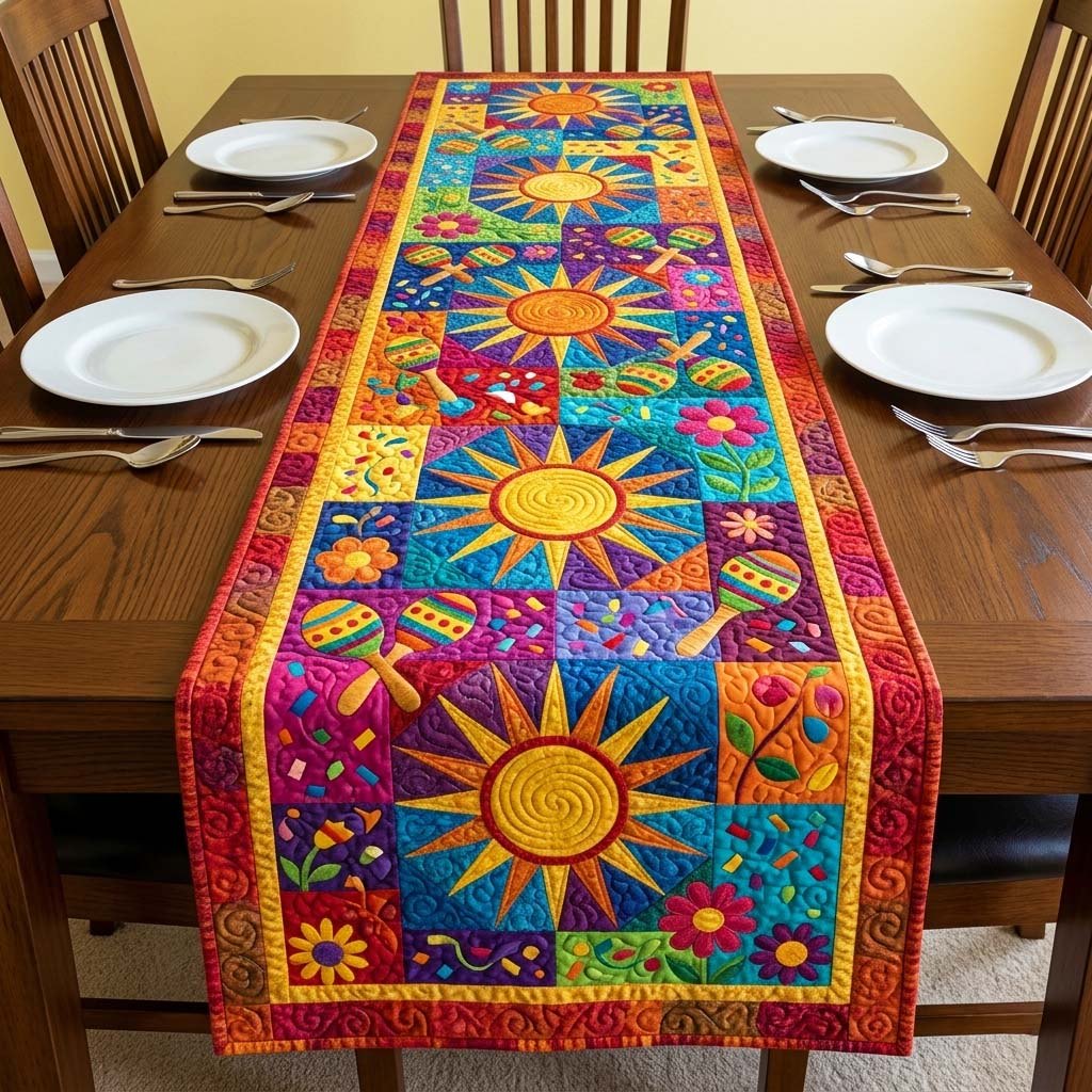 Folk Suns on Bright Squares Table Runner