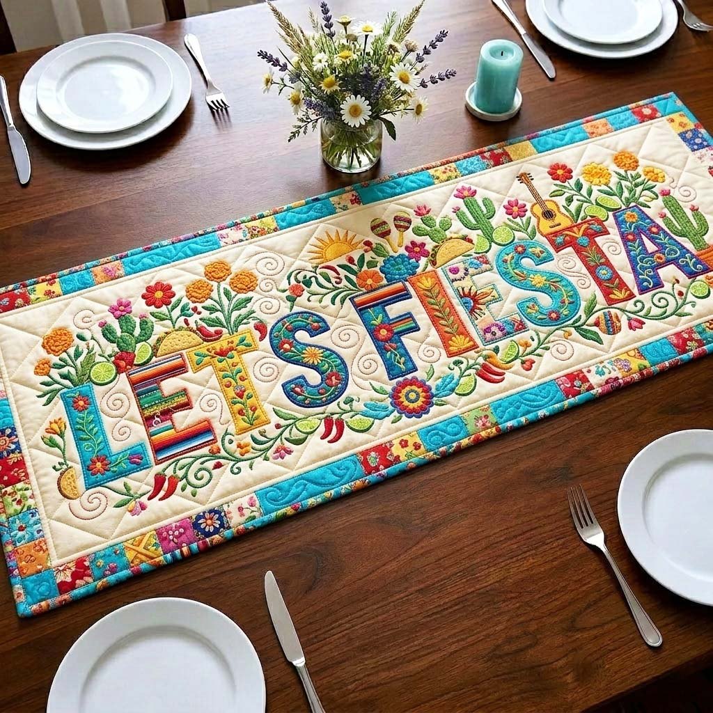 Lets Fiesta Floral Lettering Table Runner