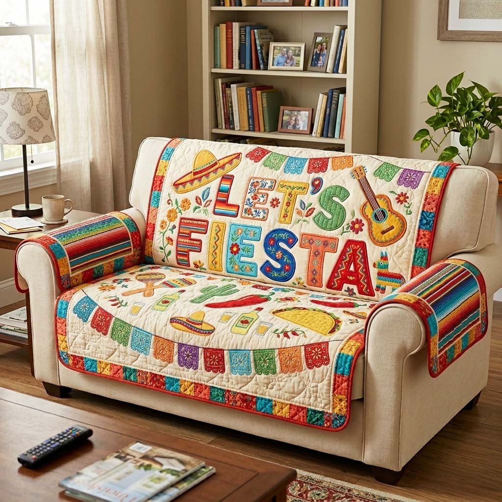 Let's Fiesta on Cream Folk Tiles Sofa Cover