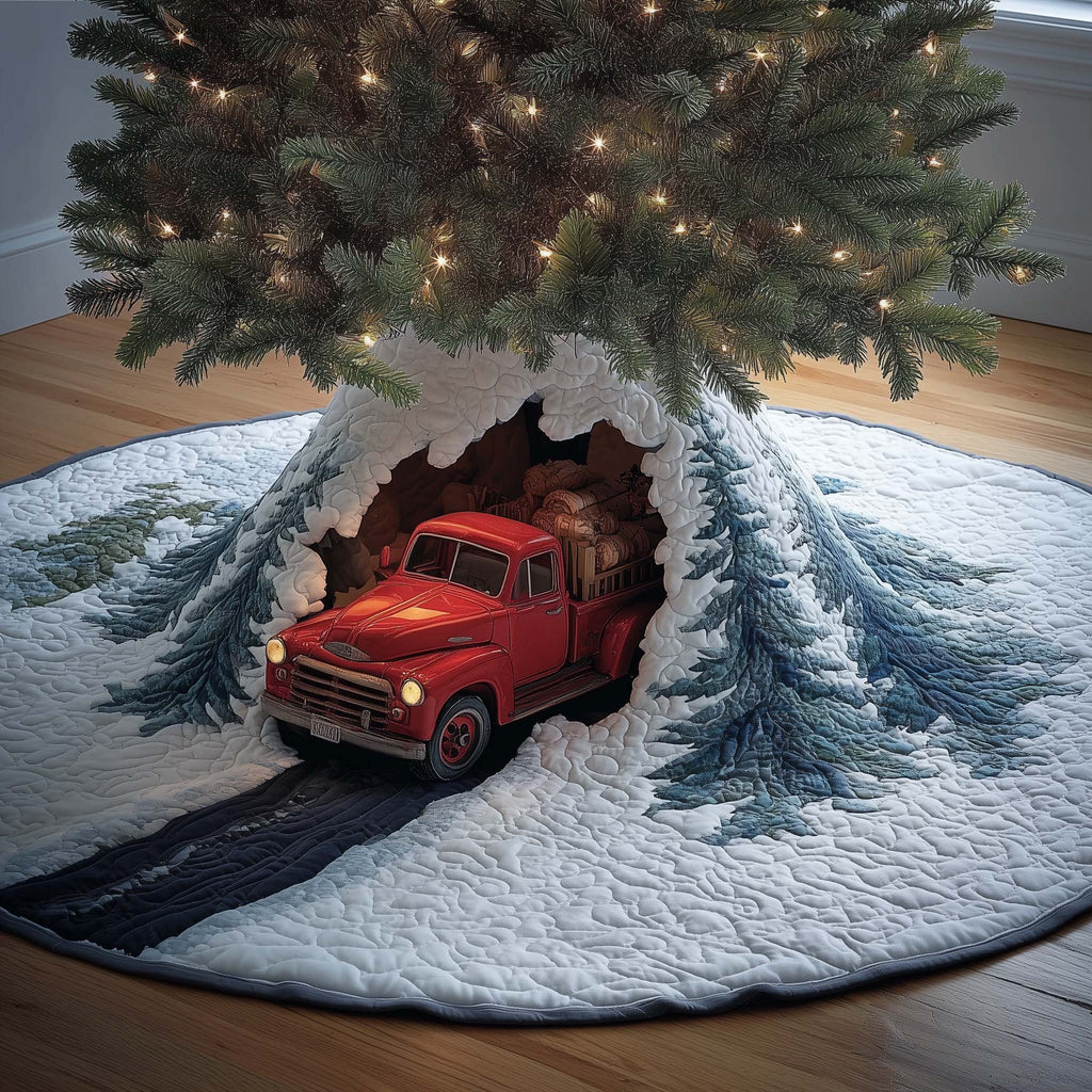 Red Truck on the Snowy Road Christmas Tree Skirt