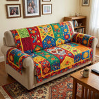 Folk Tiles with Sugar Skulls and Llamas Sofa Cover
