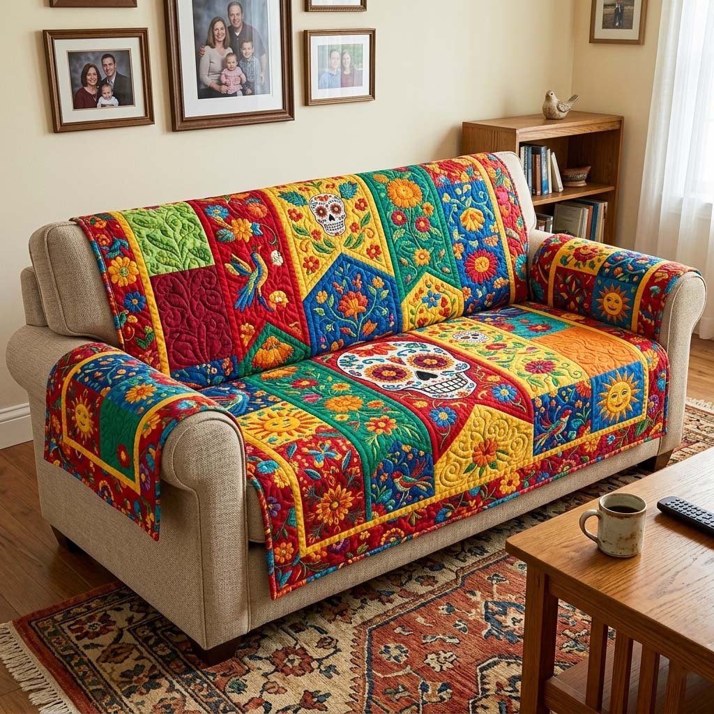 Folk Tiles with Sugar Skulls and Llamas Sofa Cover