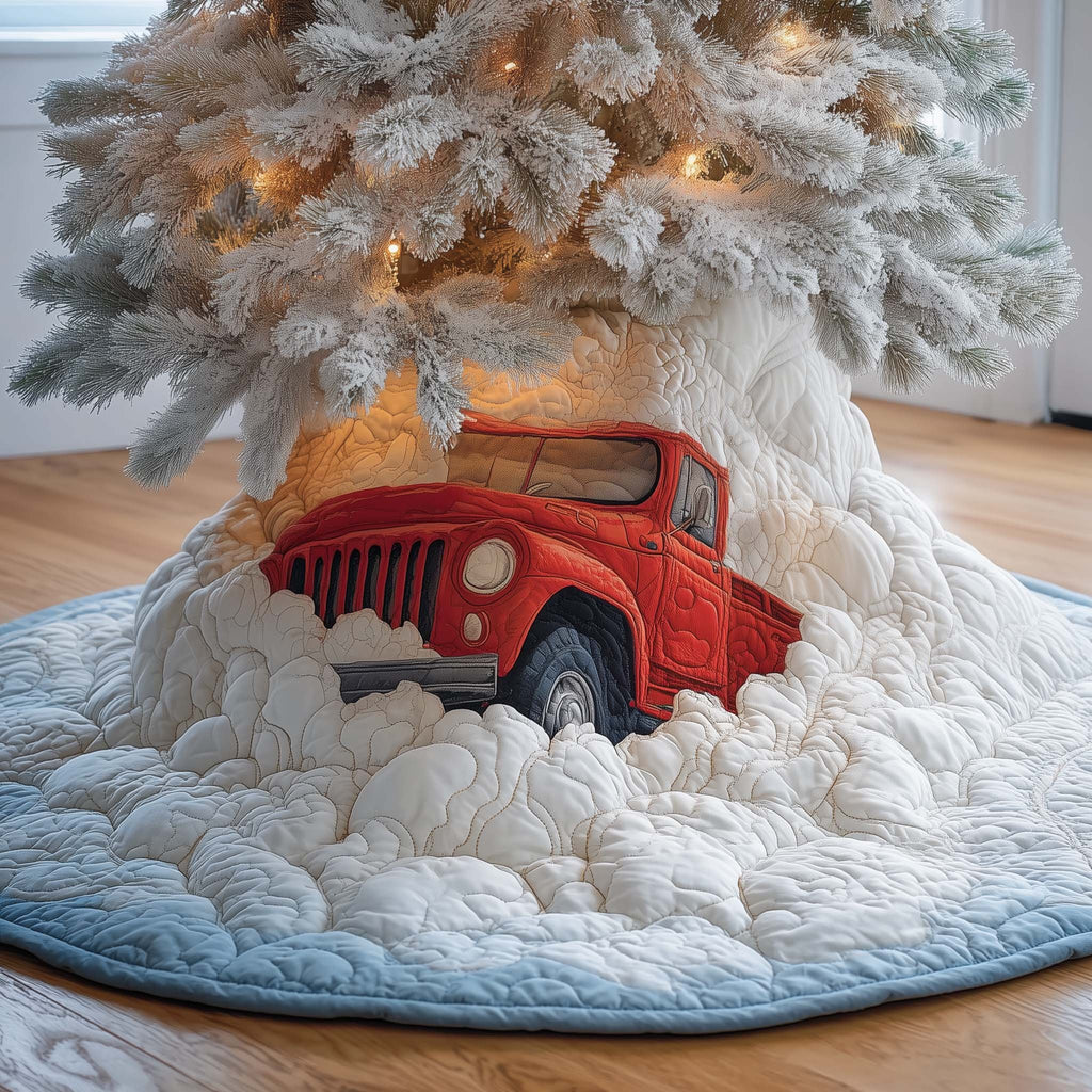 Red Pickup Truck in Deep Snow Christmas Tree Skirt