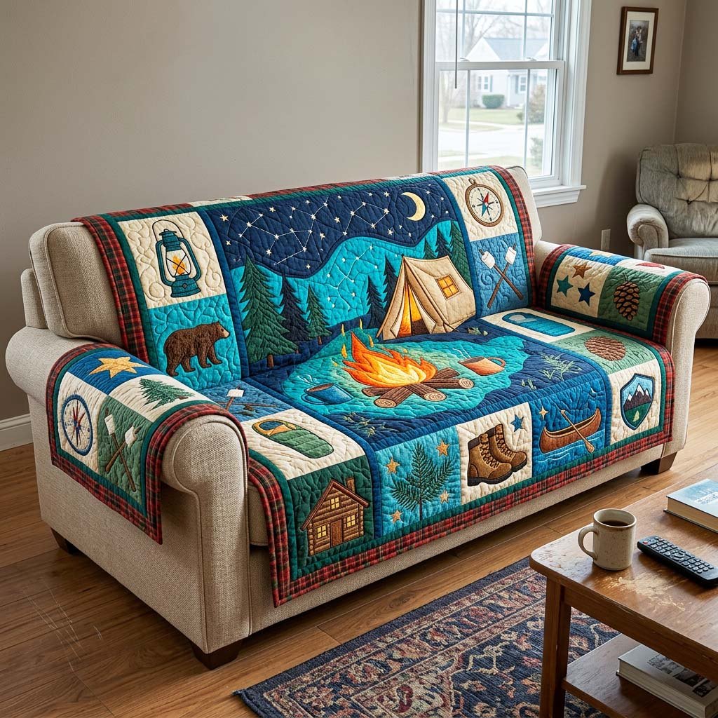 Campfire and Tent in Woodland Blocks Sofa Cover