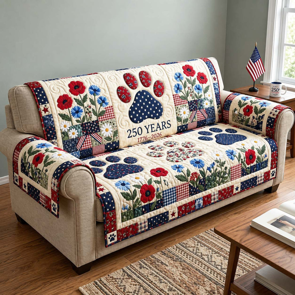 Patriotic Paw Print with Poppies Sofa Cover