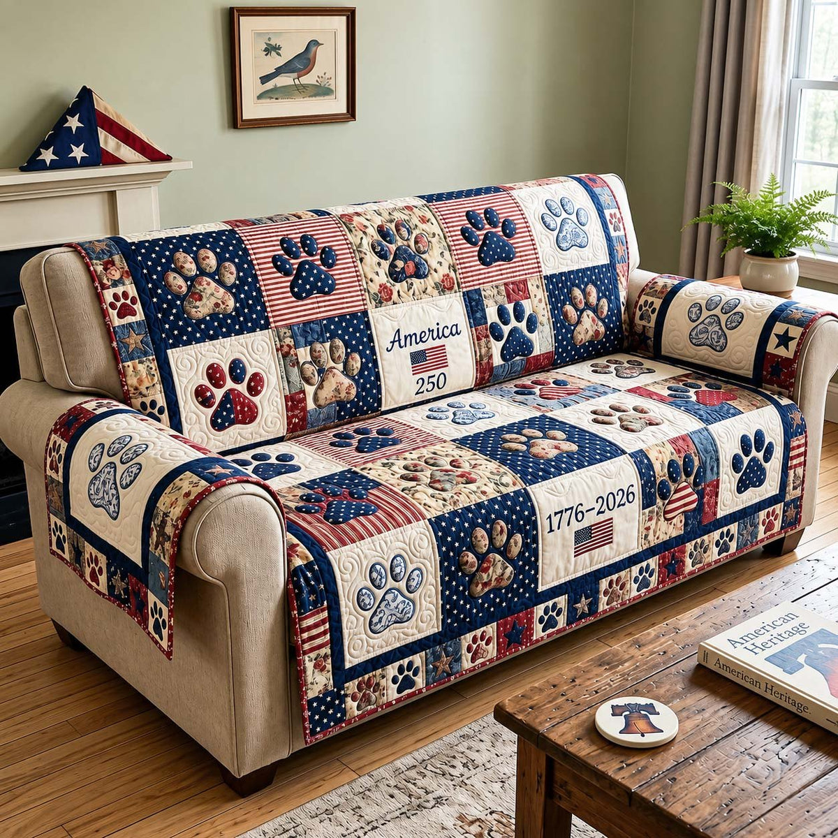 America 250 with Paw Print Squares Sofa Cover