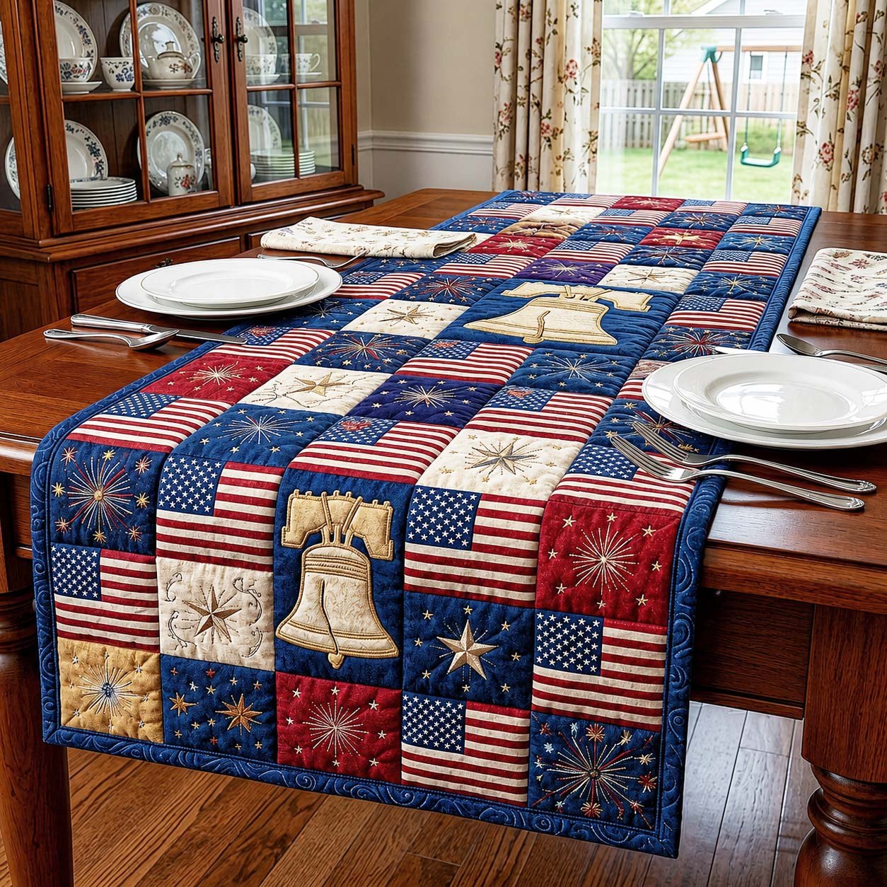 Bell and Star Blocks in Blue Table Runner