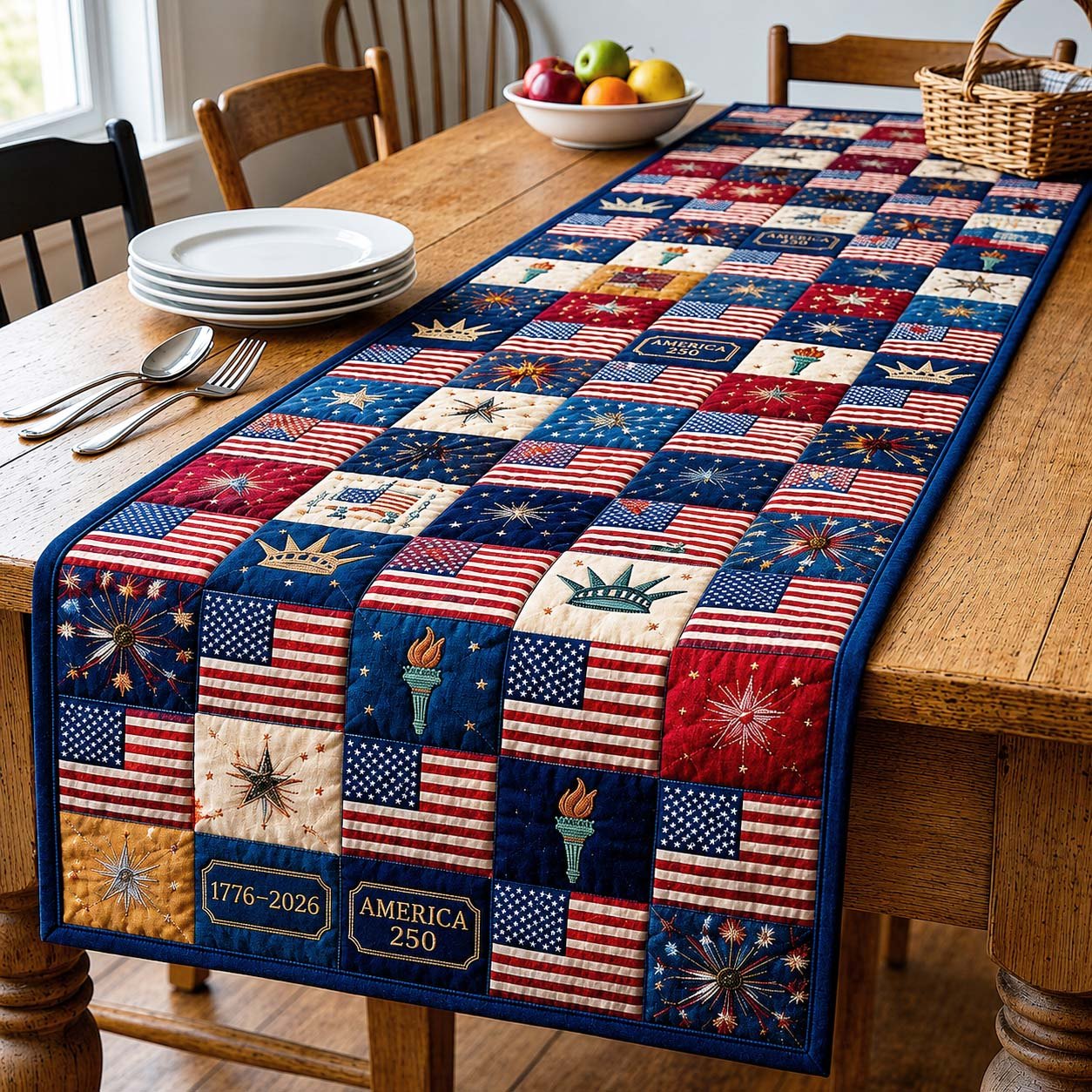 Torch and Firework Patriotic Squares Table Runner
