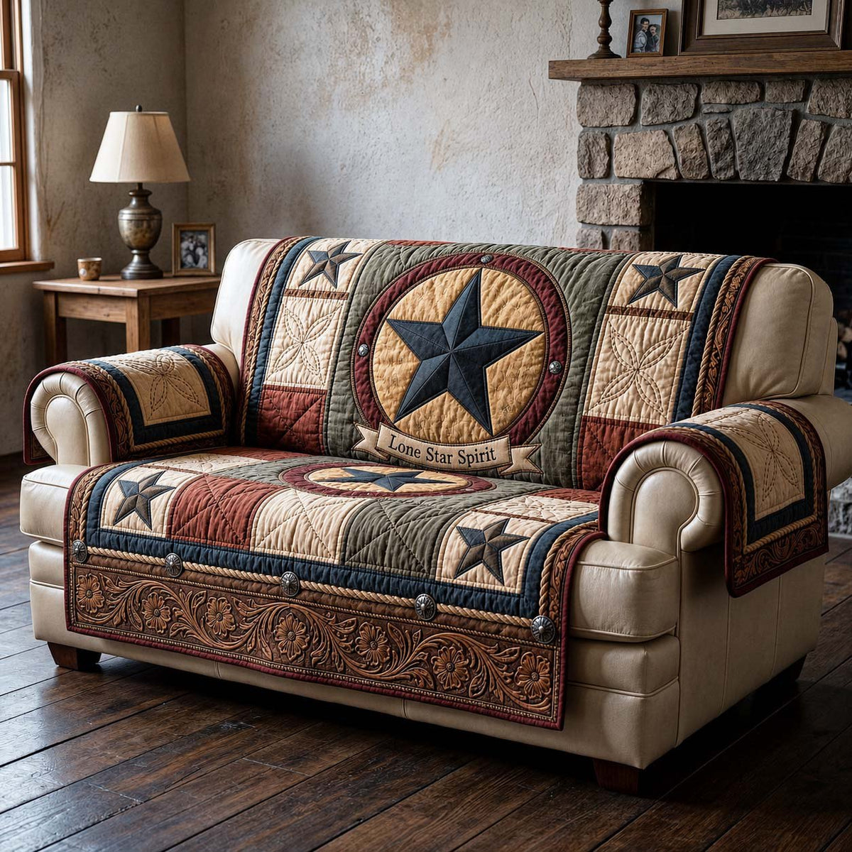 Star Medallion on Tooled Leather Sofa Cover
