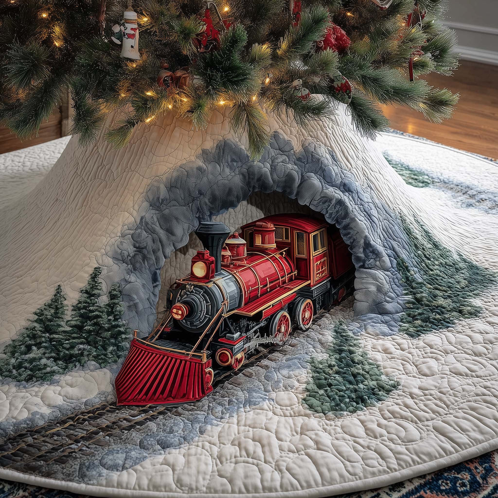 Red Train in the Snow Tunnel Christmas Tree Skirt