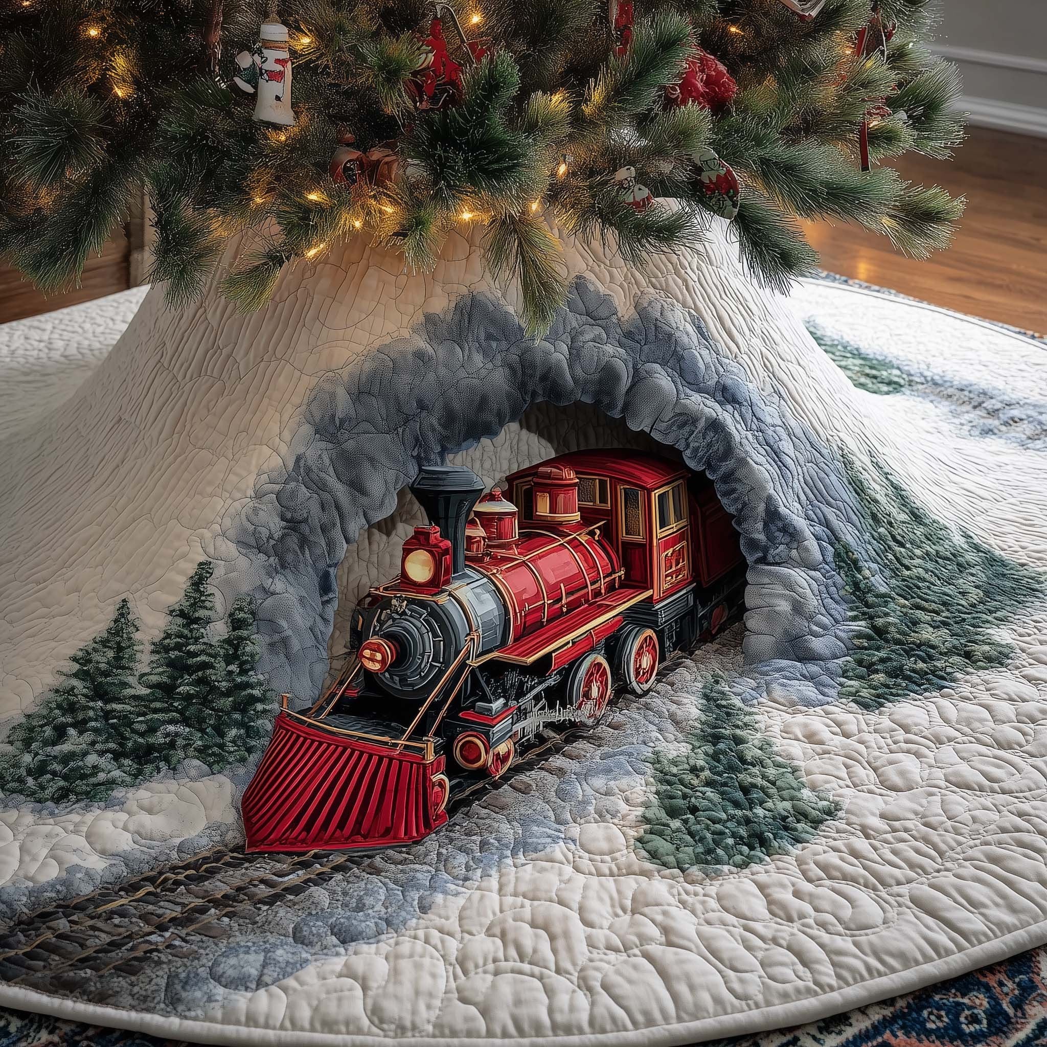 Red Train in the Snow Tunnel Christmas Tree Skirt