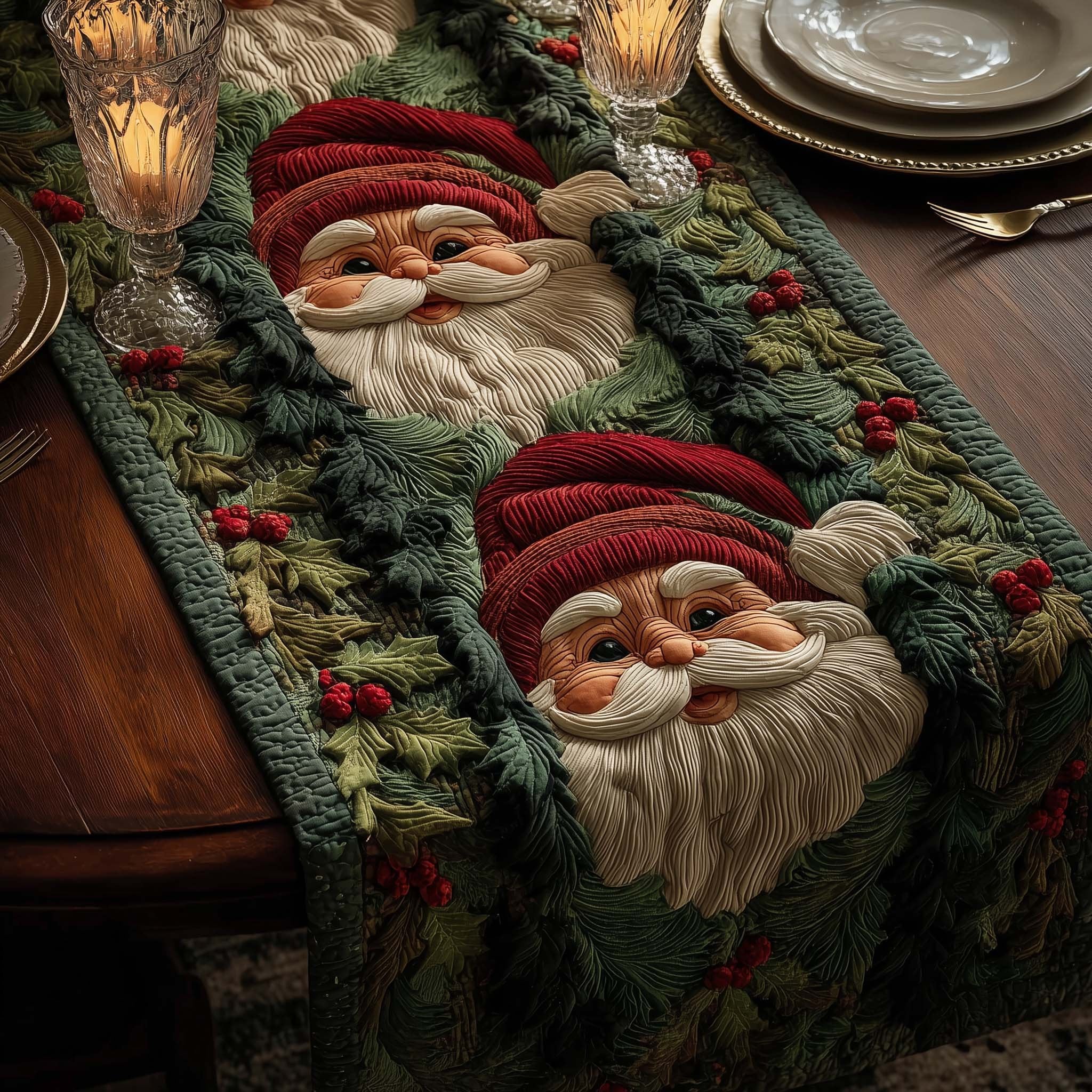 Santa Face on Green Garland Table Runner