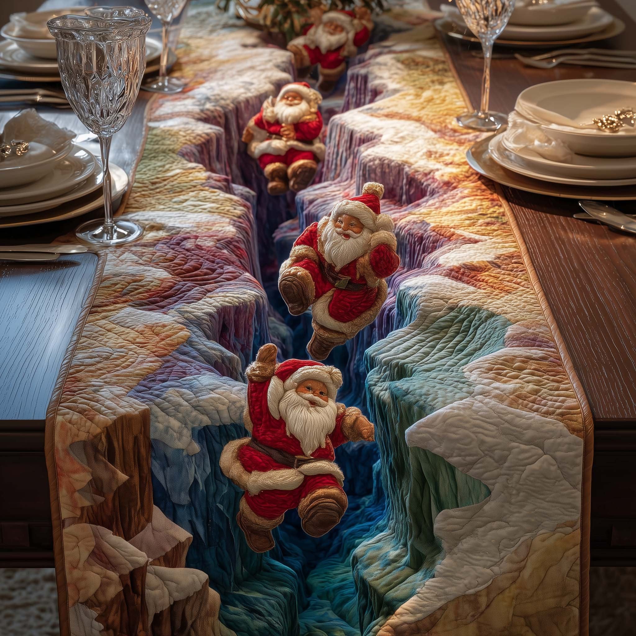 Santa Climbing Icy Blue Slope Table Runner