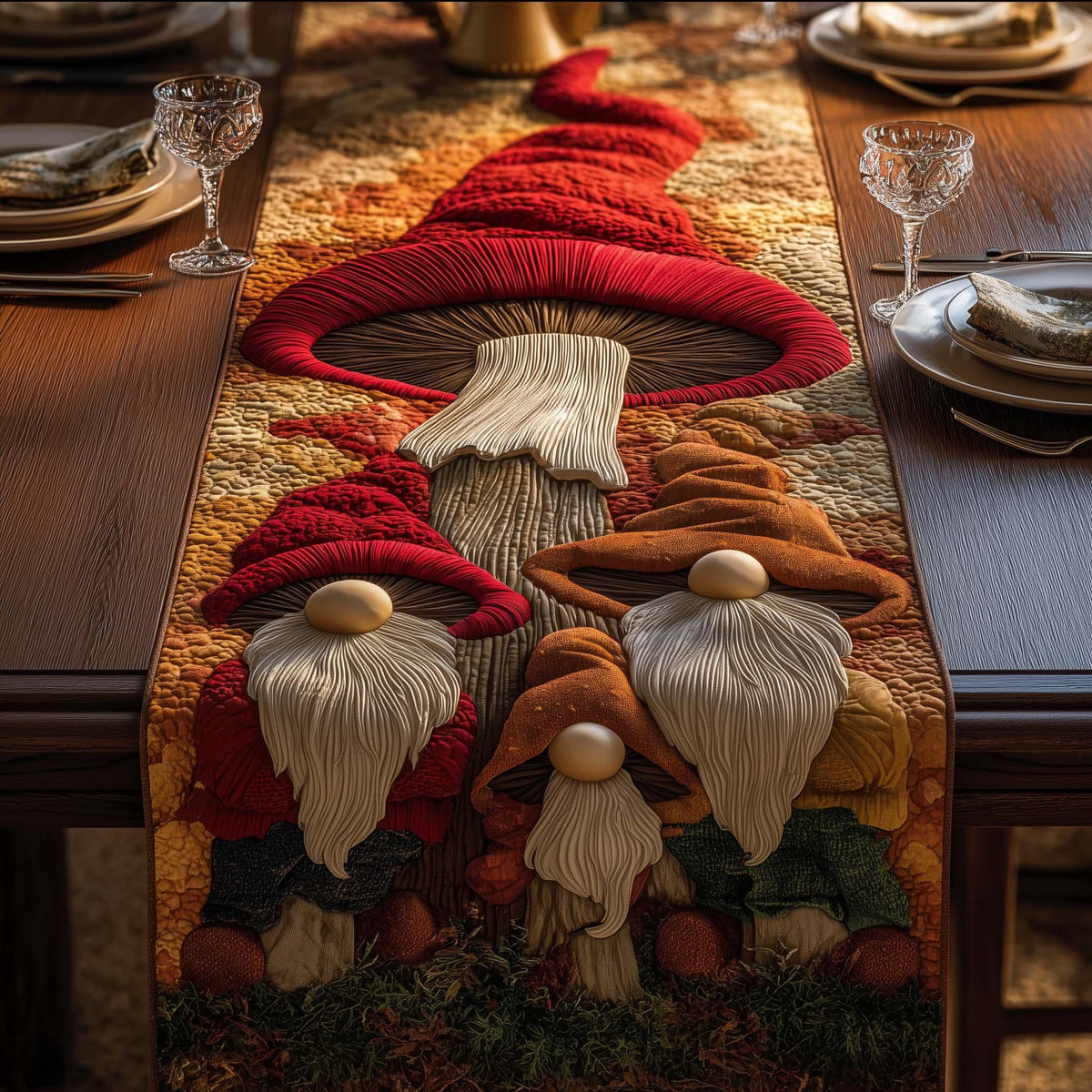 Mushroom Gnomes Table Runner