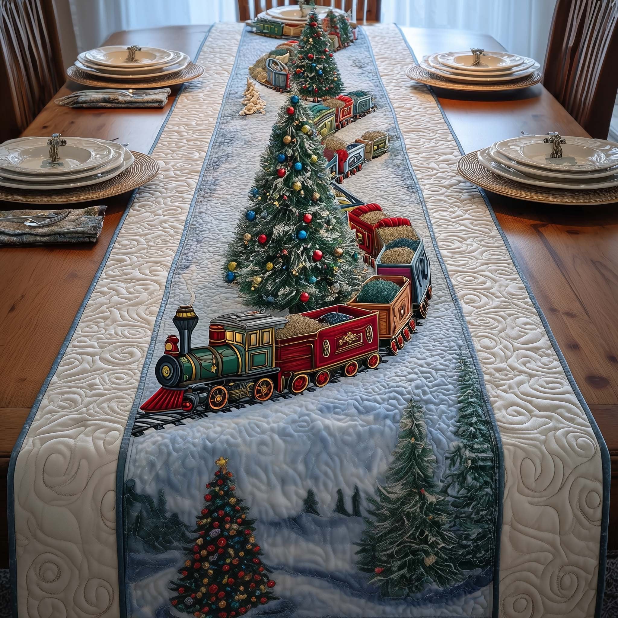 Toy Train Circling Christmas Tree Table Runner