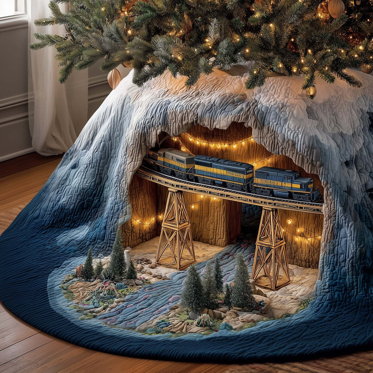 Train on the Trestle in the Ice Cave Christmas Tree Skirt