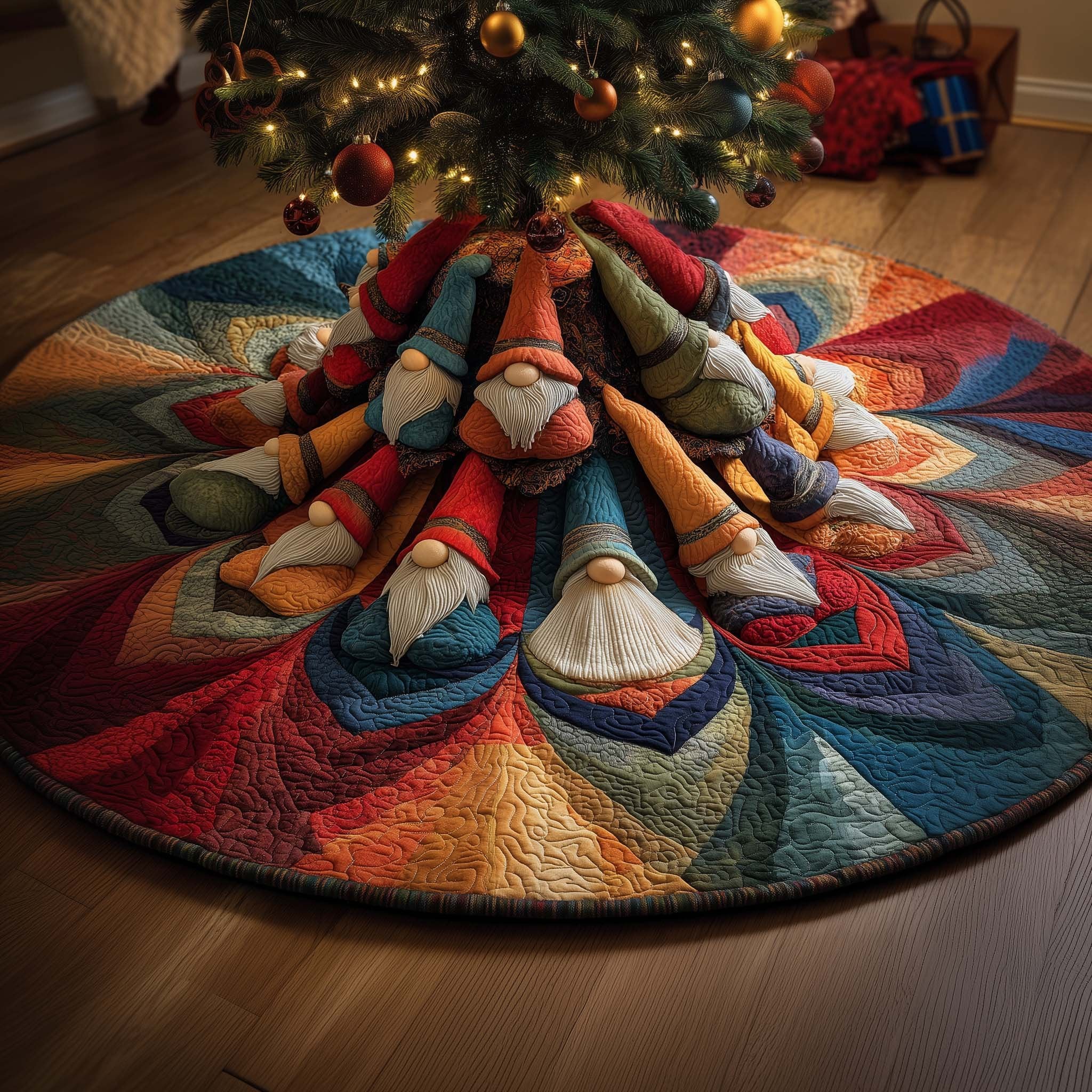 Spiral Gnomes Christmas Tree Skirt