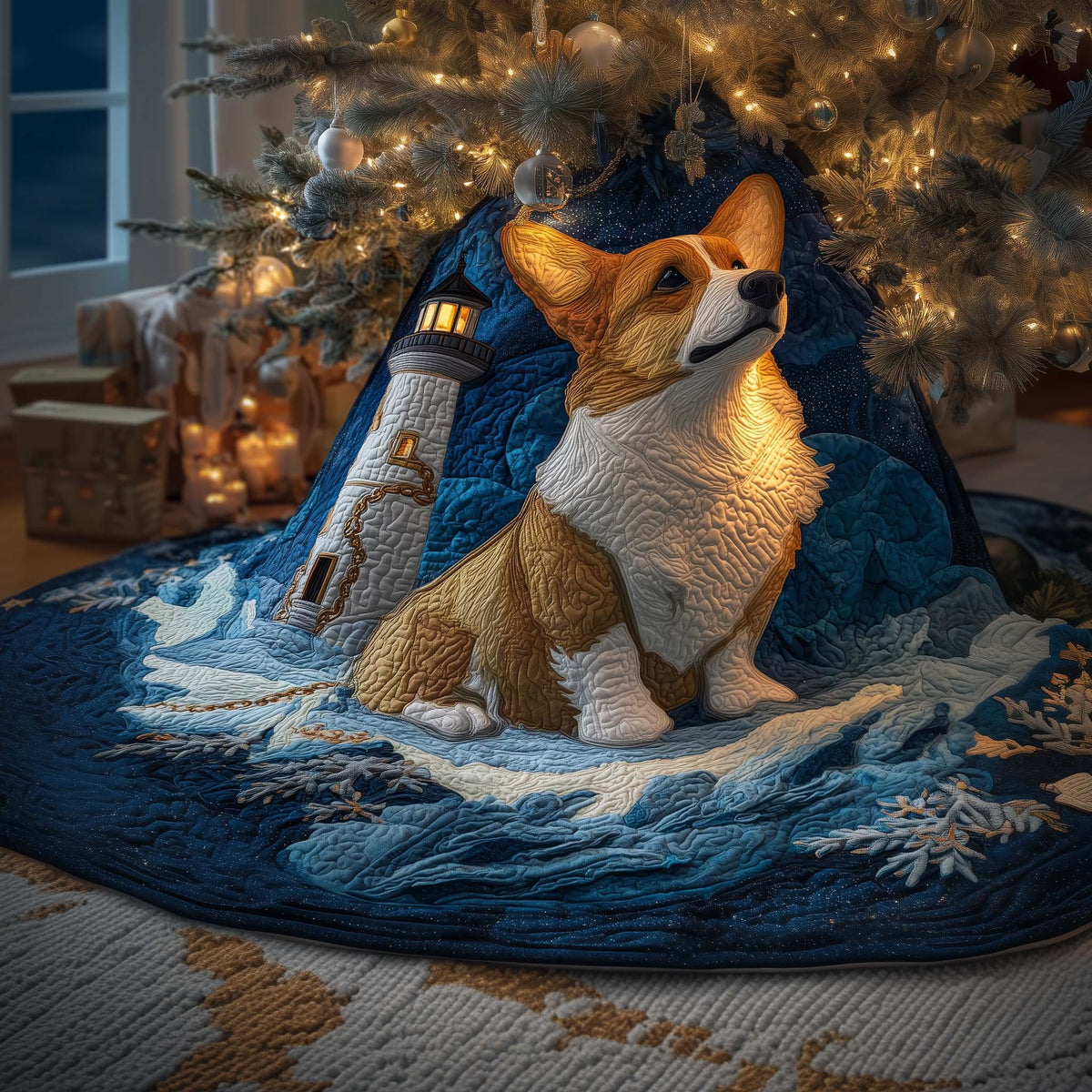 Lighthouse Corgi Christmas Tree Skirt