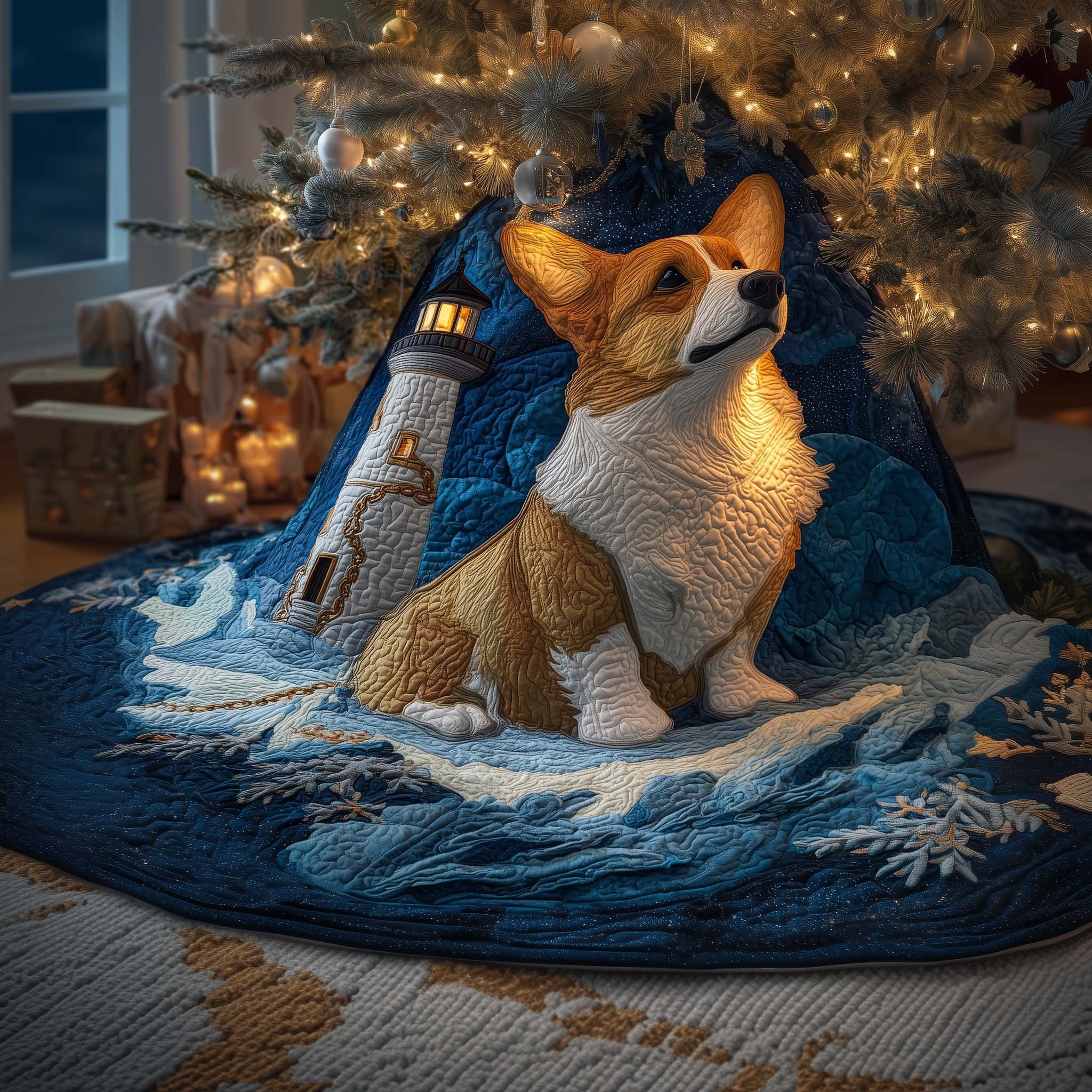 Lighthouse Corgi Christmas Tree Skirt