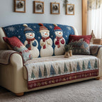 Red Hat Snowmen on Blue Sofa Cover
