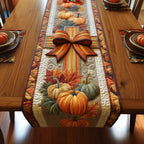 Autumn Bow Above Three Pumpkins Table Runner