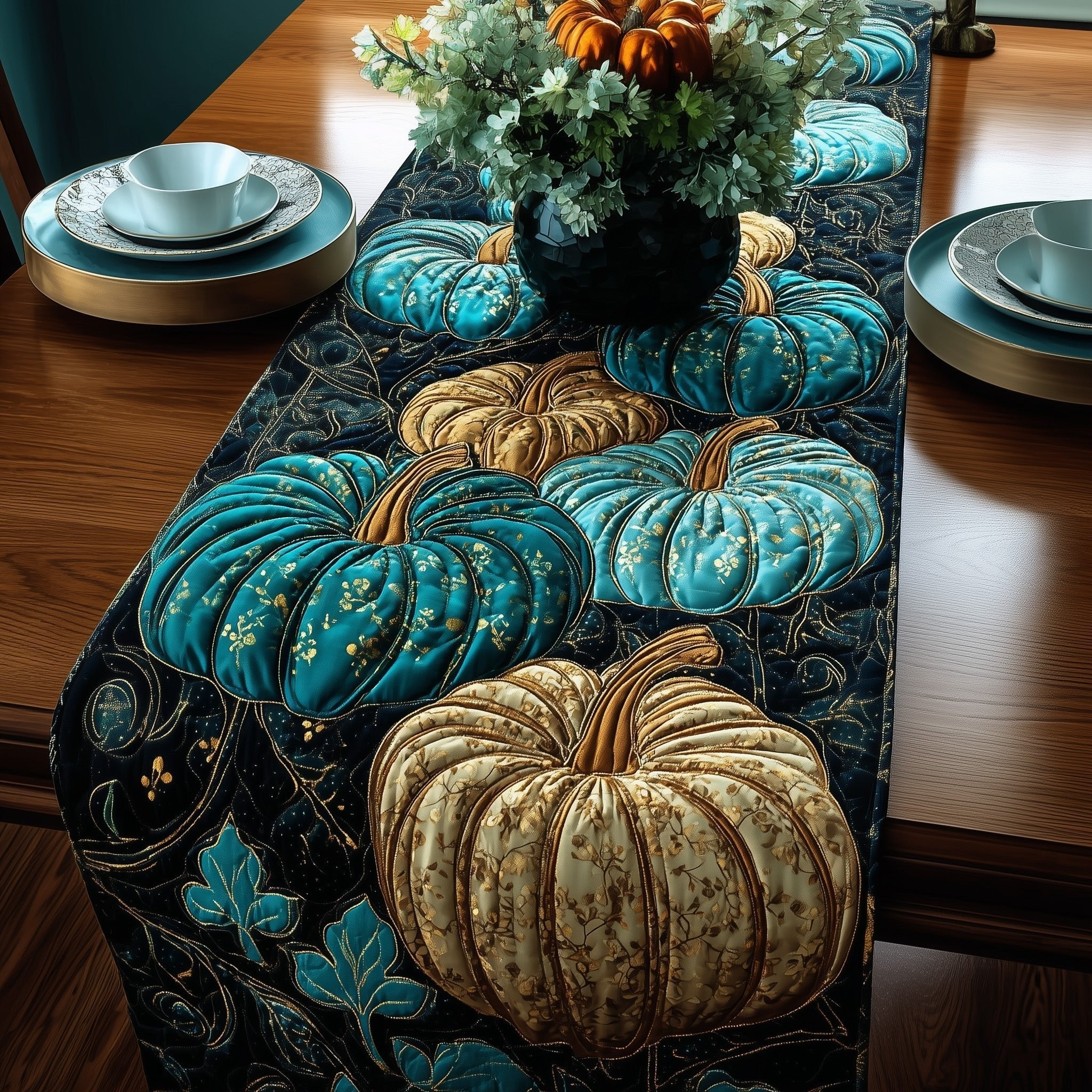 Teal and Cream Pumpkins Table Runner