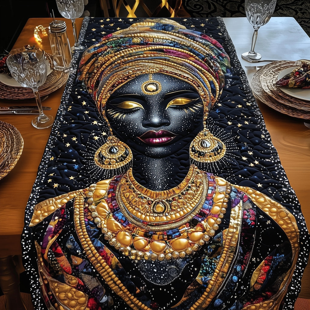 Woman with Gold Jewelry on Black Table Runner