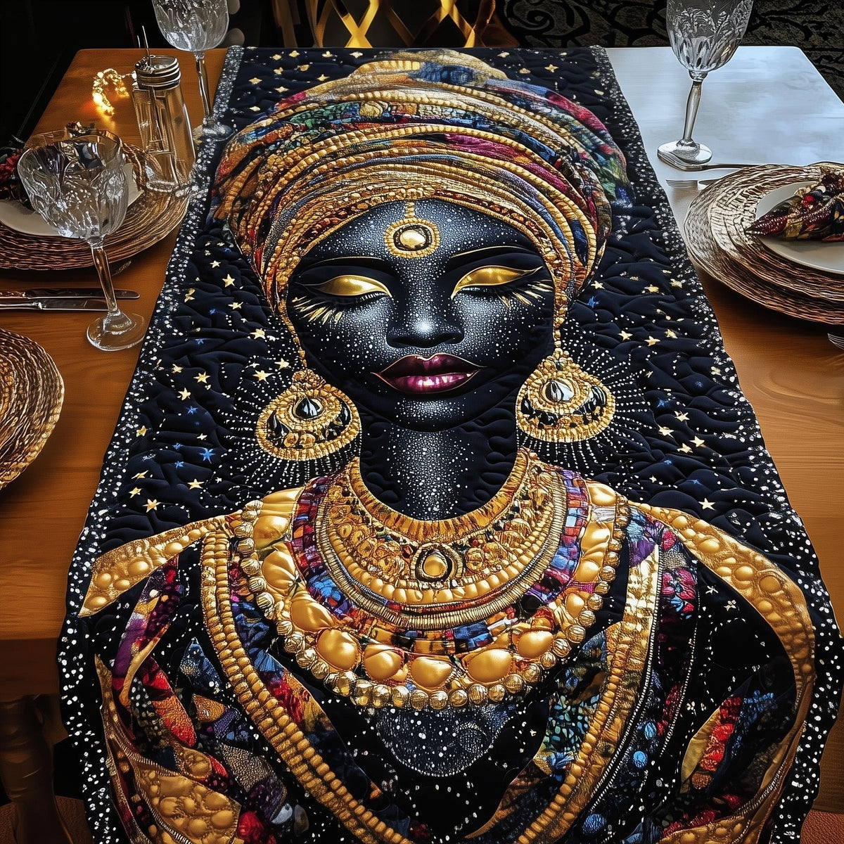 Woman with Gold Jewelry on Black Table Runner