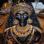 Woman with Gold Jewelry on Black Table Runner