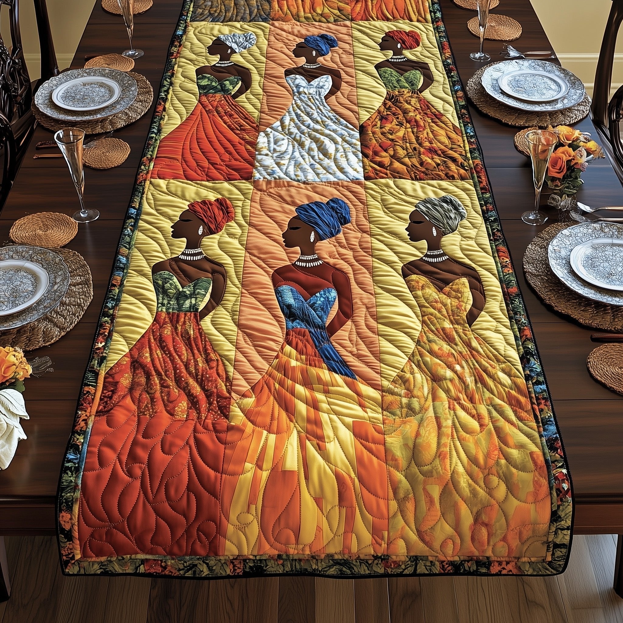 Women in Orange Gowns Table Runner