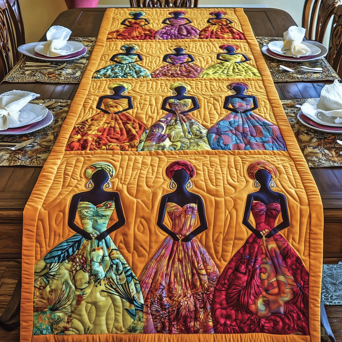Women in Patterned Dresses on Gold Table Runner