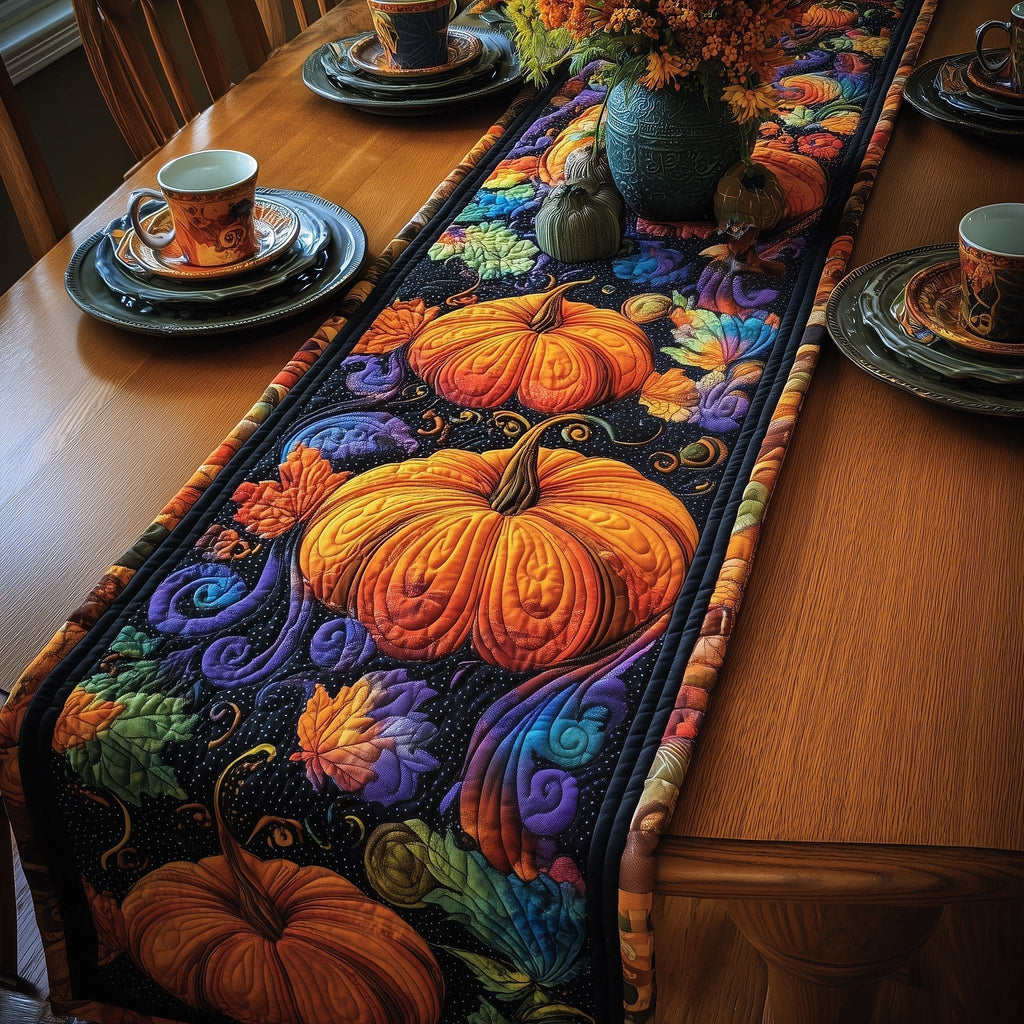 Orange Pumpkins on Purple Leaves Table Runner