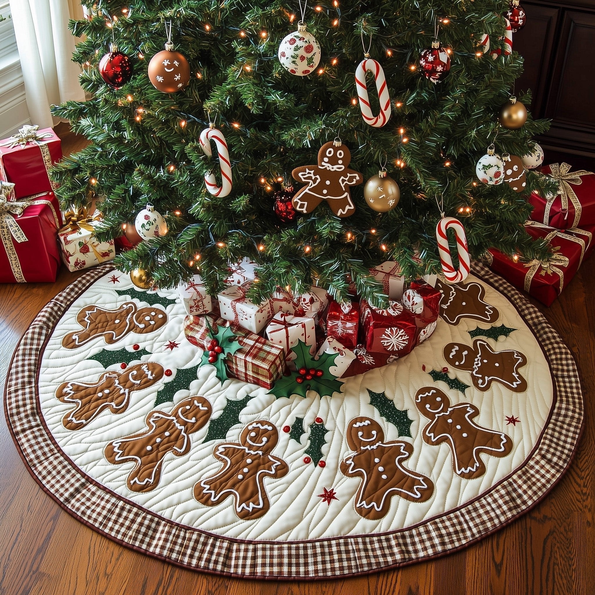 Gingerbread Men on Holly White Christmas Tree Skirt