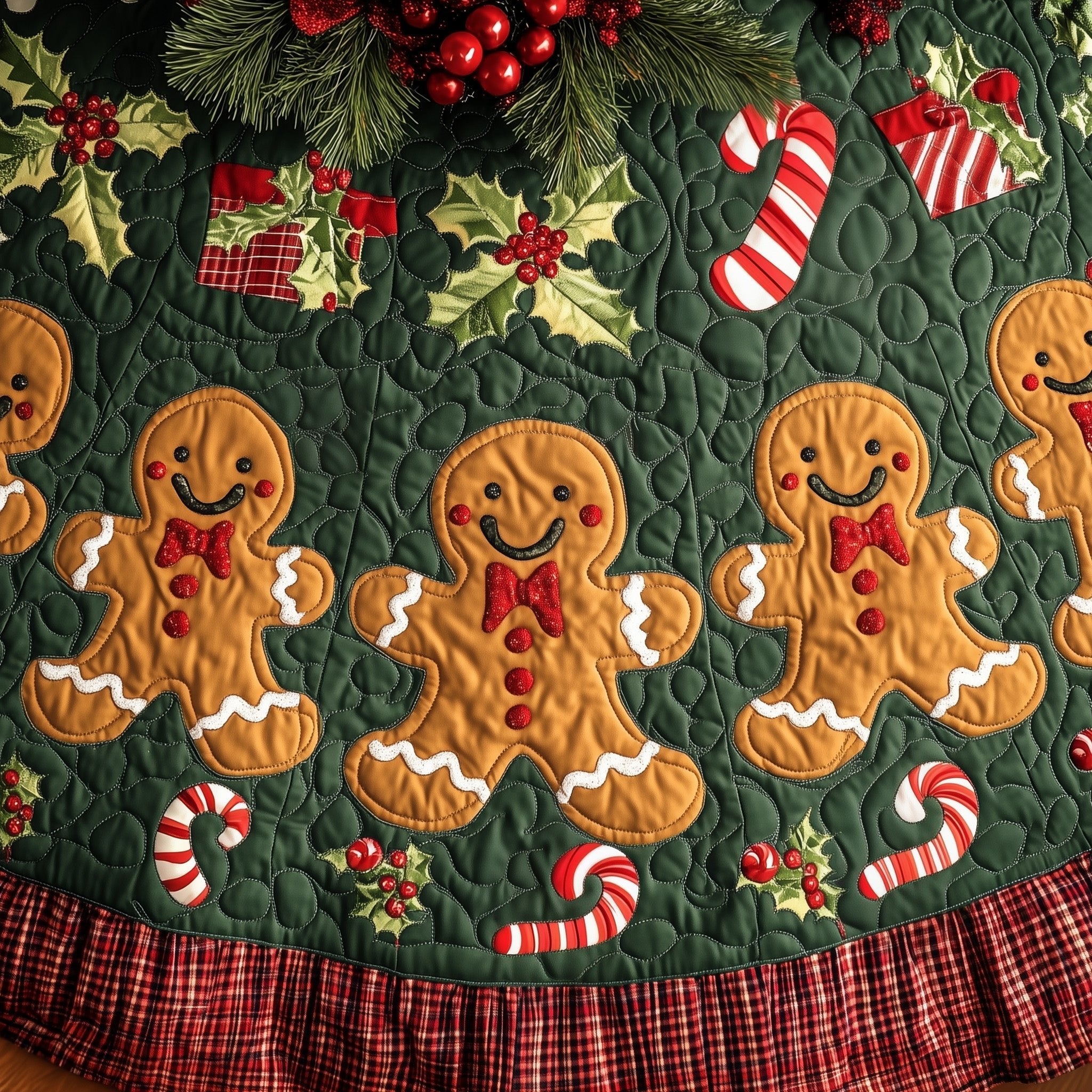 Gingerbread Row on Evergreen Christmas Tree Skirt