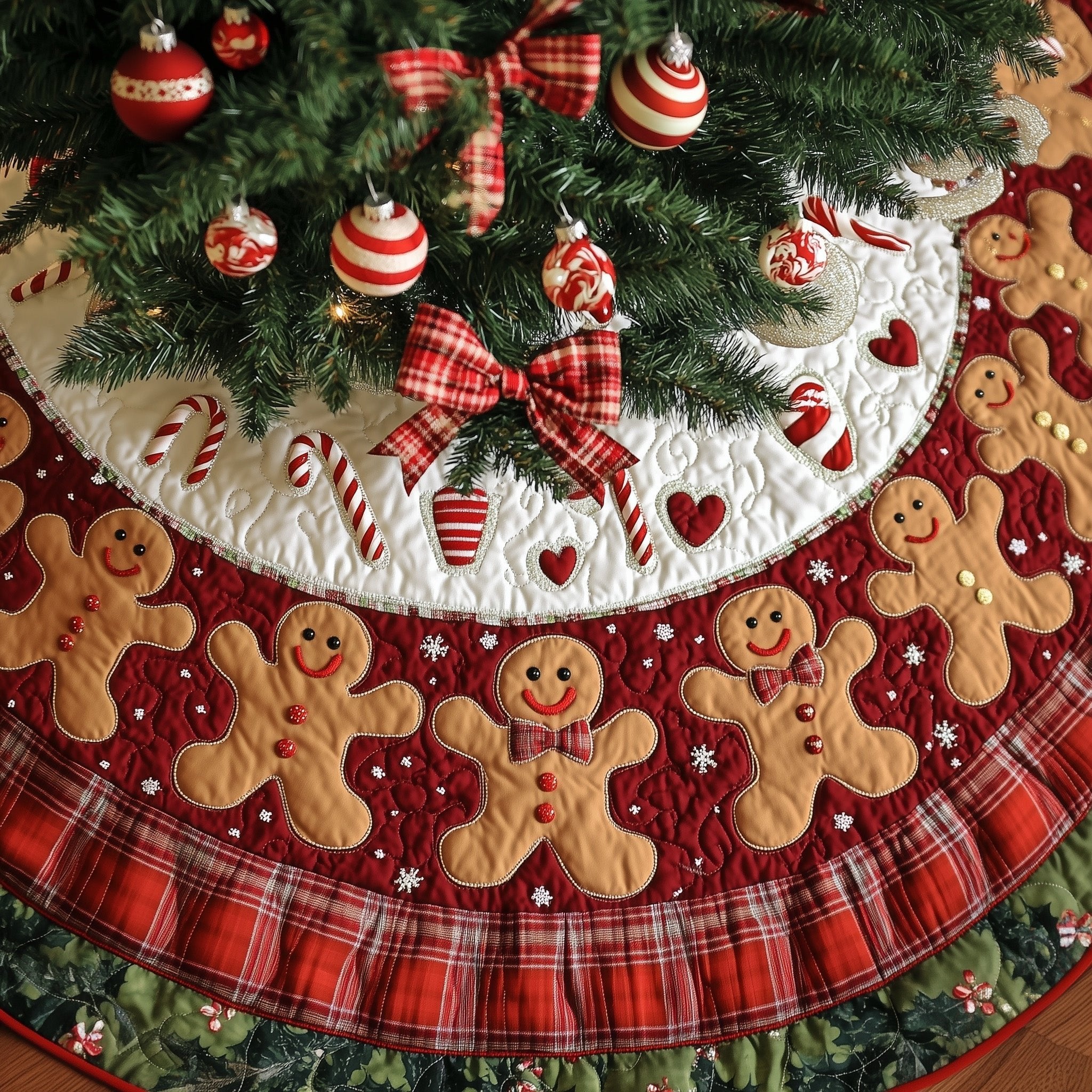 Gingerbread and Hearts on Wine Christmas Tree Skirt