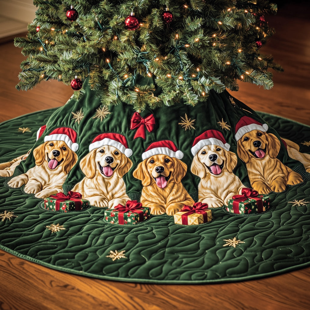 Golden Retrievers in Santa Hats Christmas Tree Skirt