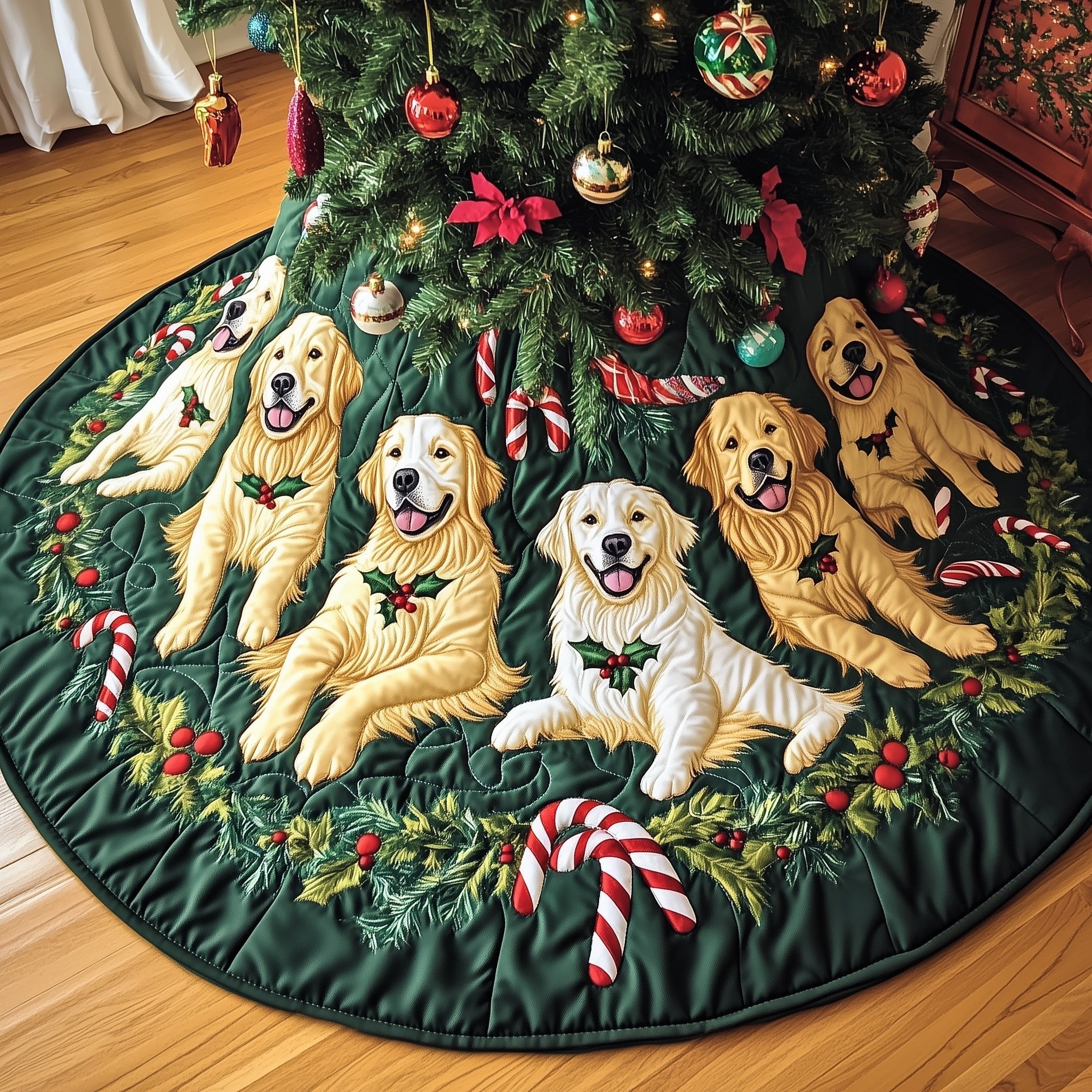 Golden Retrievers with Candy Canes Christmas Tree Skirt