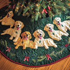 Golden Retrievers on Green Holly Christmas Tree Skirt