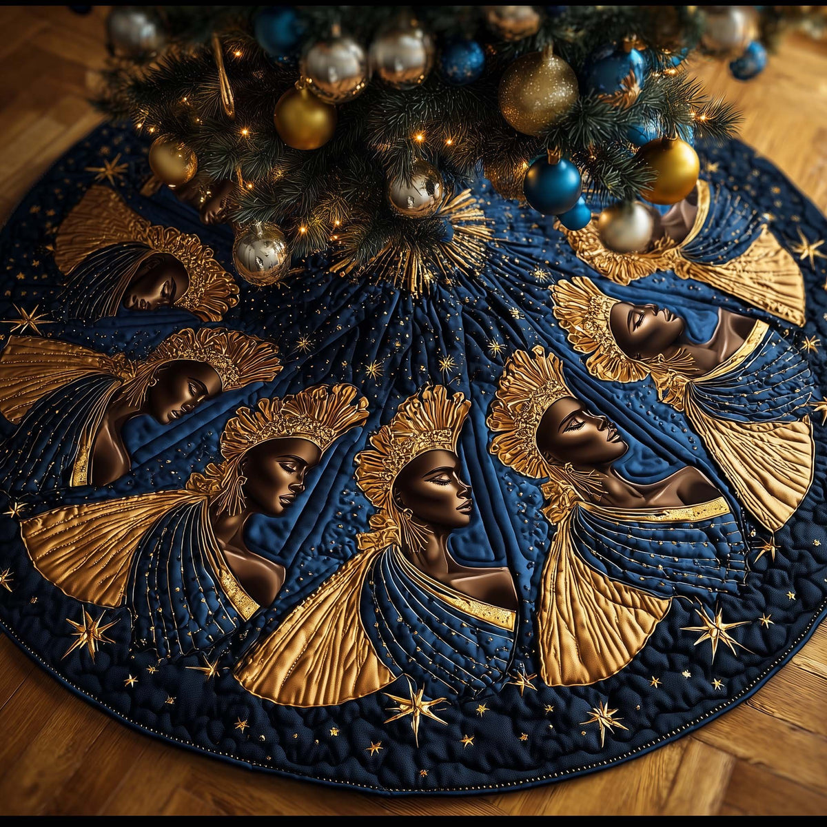 Women in Gold Headdresses on Navy Christmas Tree Skirt