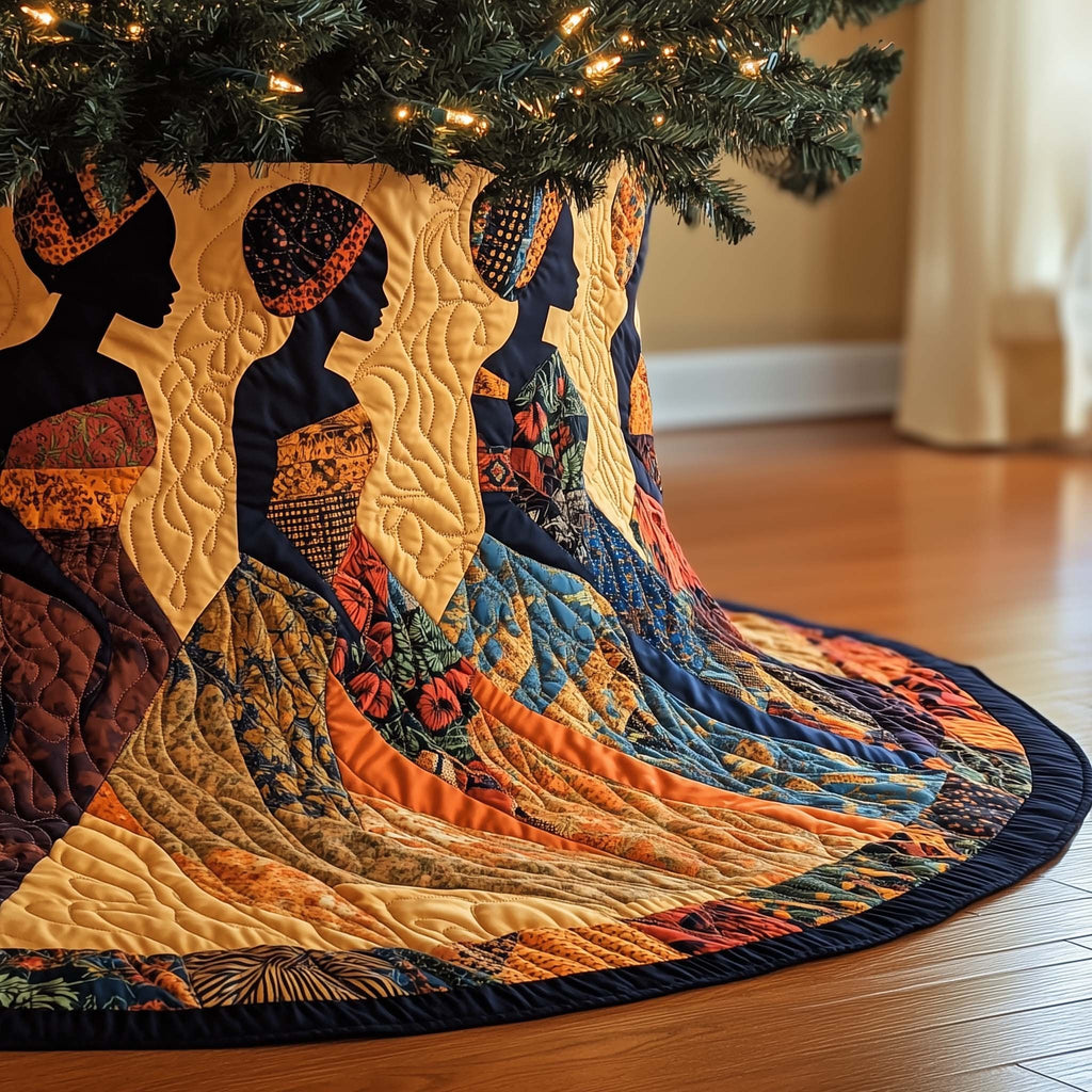 Women Profiles in Orange and Blue Christmas Tree Skirt