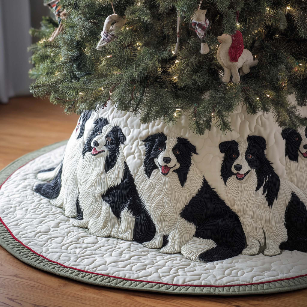 Border Collies on White Quilt Christmas Tree Skirt