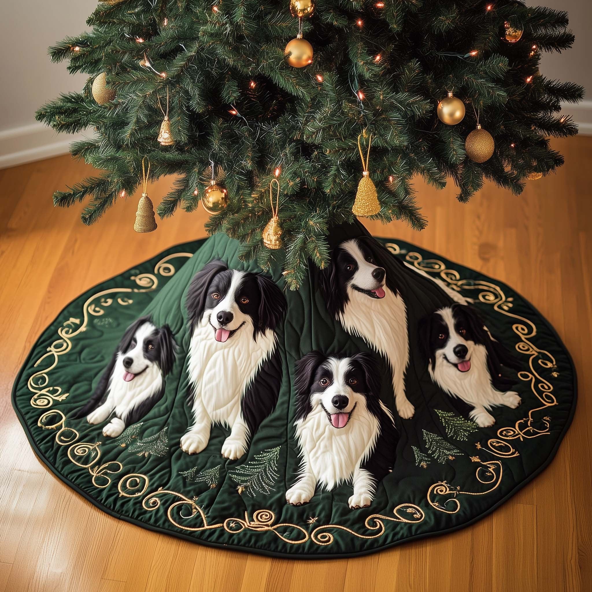 Border Collies on Dark Green Christmas Tree Skirt